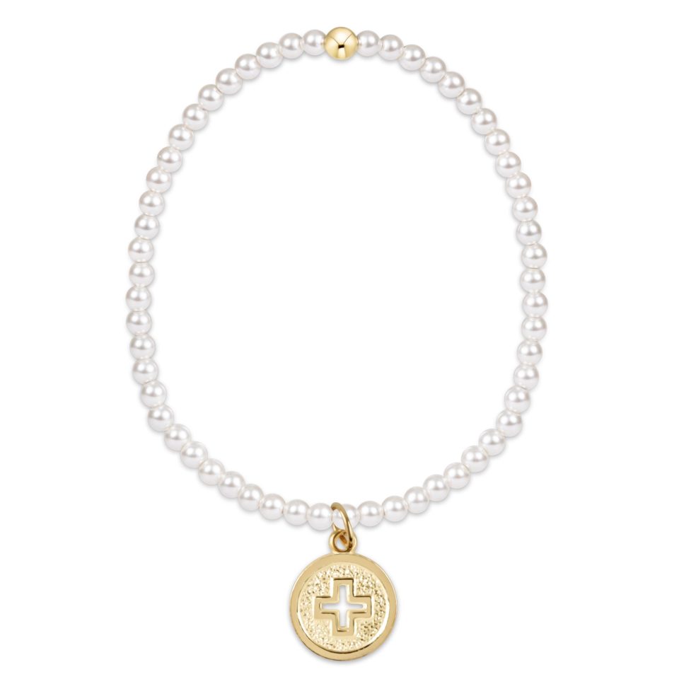 classic pearl 3mm bead bracelet - signature cross gold disc