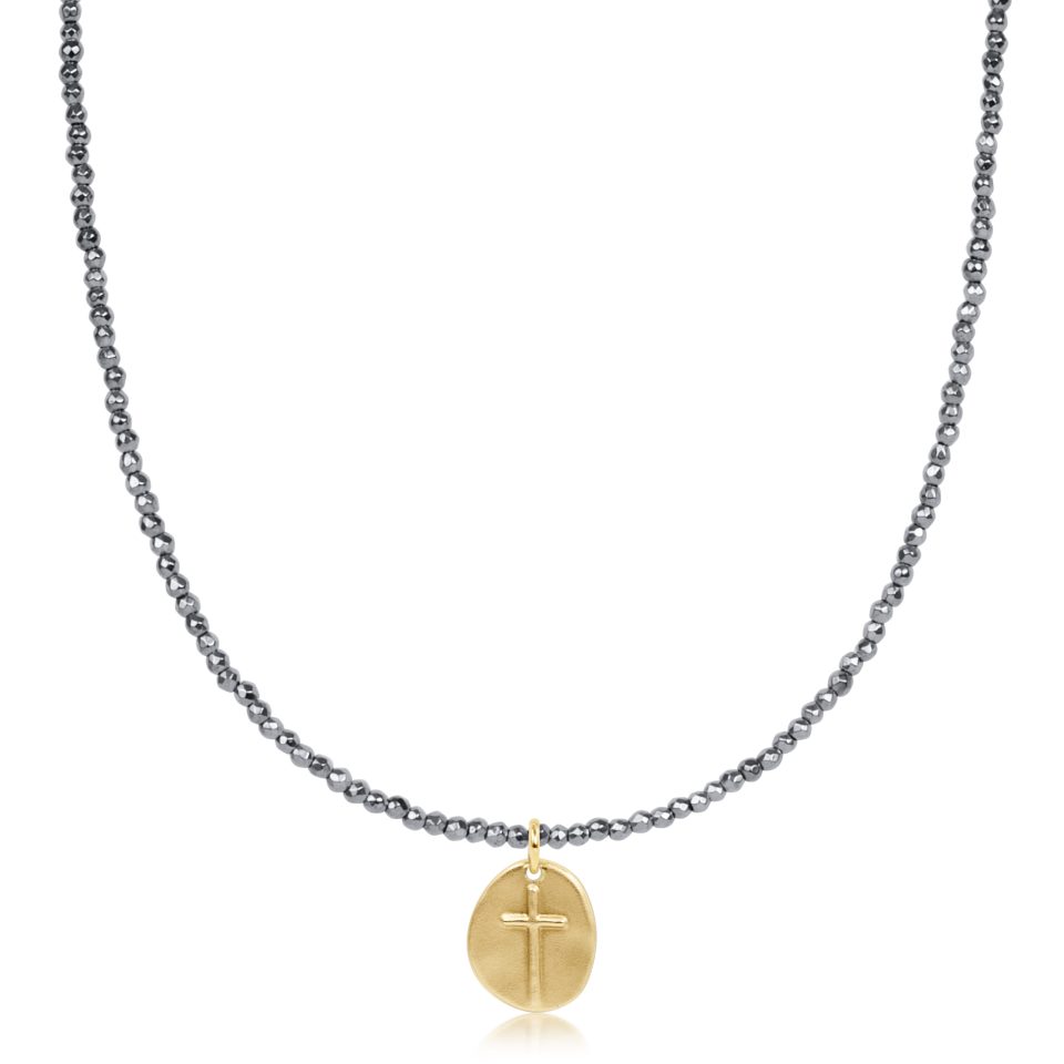 choker silver faceted hematite 2mm bead - inspire small gold charm