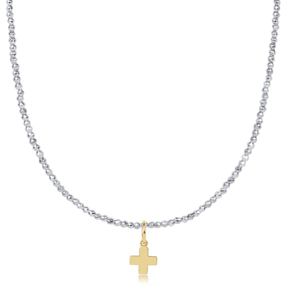 choker bright silver faceted hematite 2mm bead - signature cross gold charm