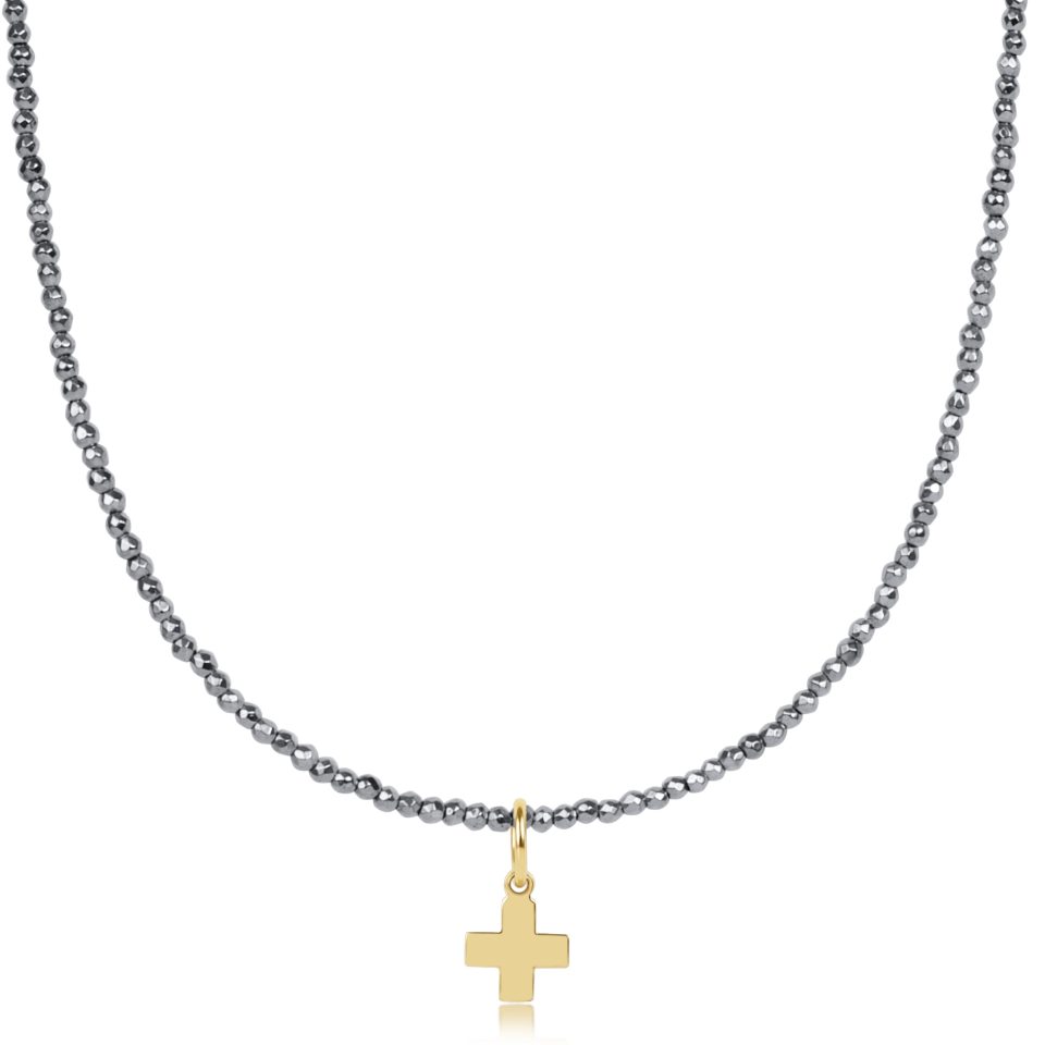 choker silver faceted hematite 2mm bead - signature cross gold charm