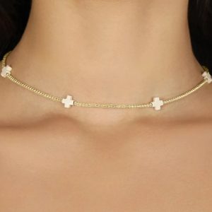 15 Choker Signature Cross Gold Pattern 2mm Bead – Off-White