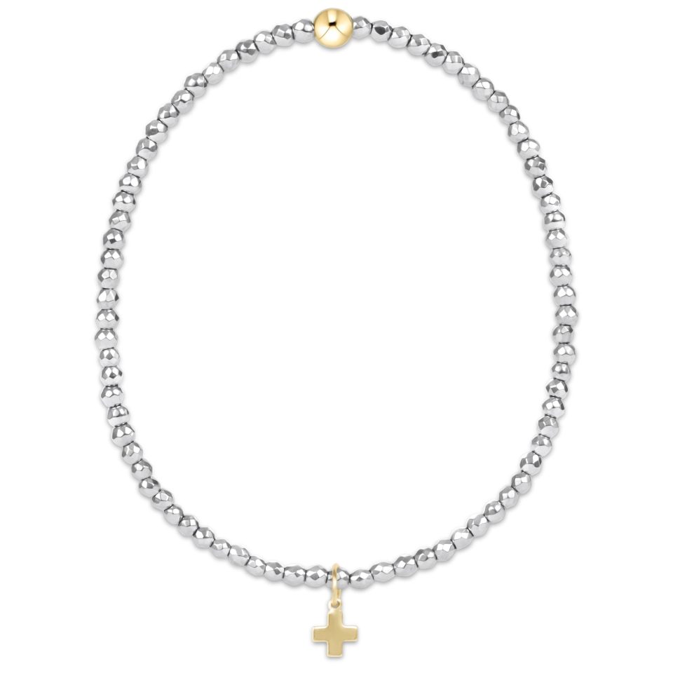 silver faceted hematite 2mm bead bracelet - signature cross gold charm